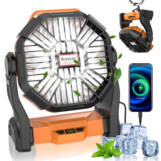 Kssvzz Portable Camping Fan with LED, 20000mAh Rechargeable Battery Powered Fan, 270°Pivot Personal USB Fan, 4 Speed Quiet Table Fan, 9’’ Battery Operated Tent Fan for Travel, Picnic(Orange)