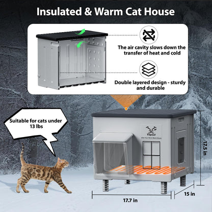 Indestructible Heated Cat House for Outside - 100% Waterproof & Weatherproof Heated Outdoor Cat House with Escape Door for Winter, Insulated Feral Cat Shelter for Porch Barns Strays 17.7x15x17.5 in 🍁 All In One Marketplace Canada