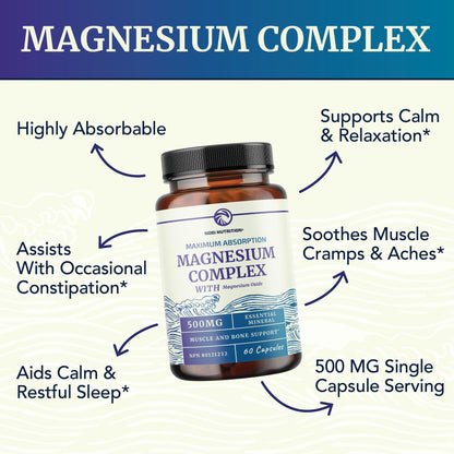 Magnesium Citrate Complex | 500MG | High Absorption Formula | Calm, Relaxation & Digestion Support Supplement with Elemental Magnesium Oxide | Made in Canada, Soy-Free | 60 Ct (2-Month Supply)