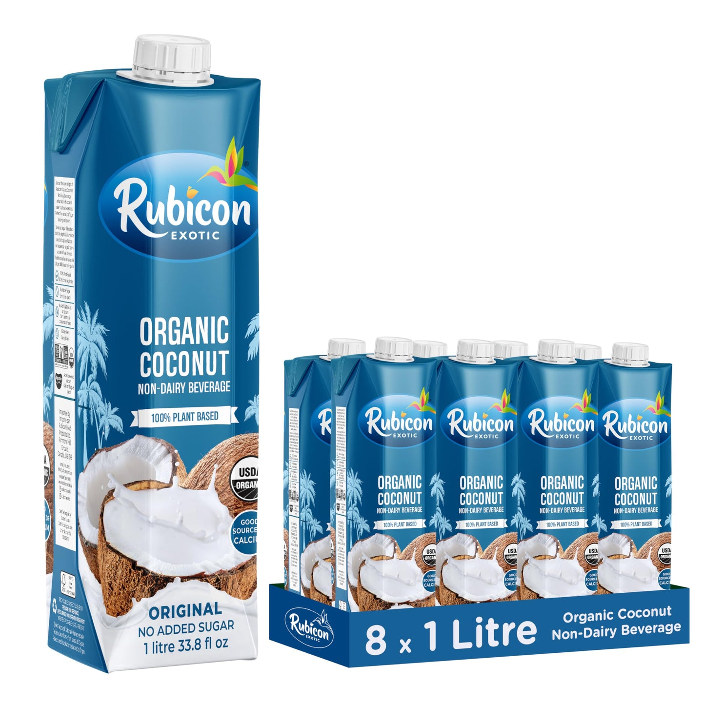 Rubicon Organic Coconut Plant-Based Milk | 1L Cartons | Calcium-Fortified | No Added Sugar | Vegan & Vegetarian | Pack of 8
