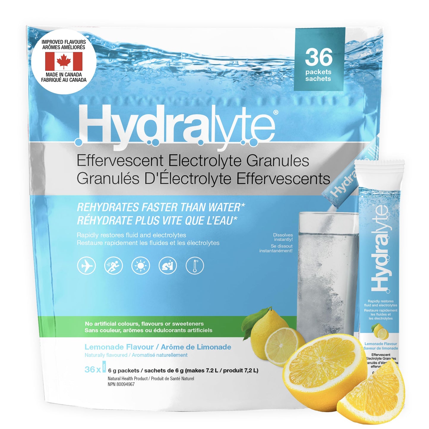 HydraLyte Electrolyte Powder, Low Sugar Electrolyte Packets Designed for Rapid Hydration, Safe Hydration for All Ages - Made with All Natural Ingredients, 36 Servings, Lemonade Flavour 🍁 All In One Marketplace Canada