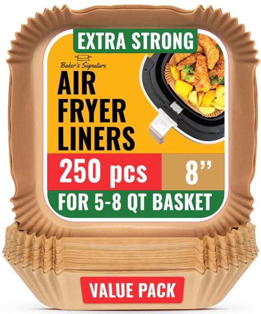 Air Fryer Liners, 250Pcs Disposable Parchment Paper Liners – Unbleached Baking Air Fryer Sheets – 8” Square for 5-8 qt Baskets – Great for Oven, Pans & Baking – Easy Cleanup by Baker's Signature