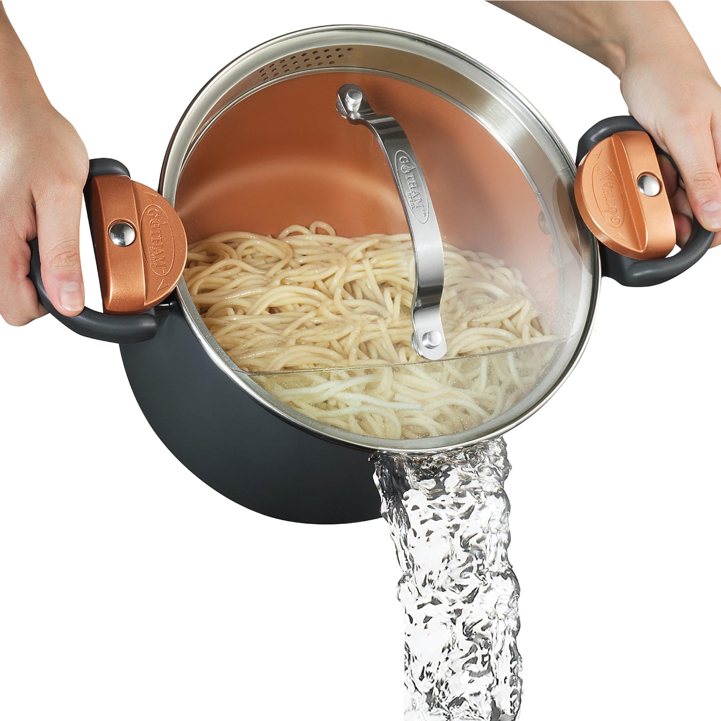 Gotham Steel 5 Quart Stock Pot with Strainer Lid, Nonstick Coated Ceramic Pot, Soup Pot, Pasta Pot with Strainer Insert, Cooking Pot with Lid and Twist Lock Handles, Dishwasher Safe, 100% Toxin Free GOTHAM STEEL