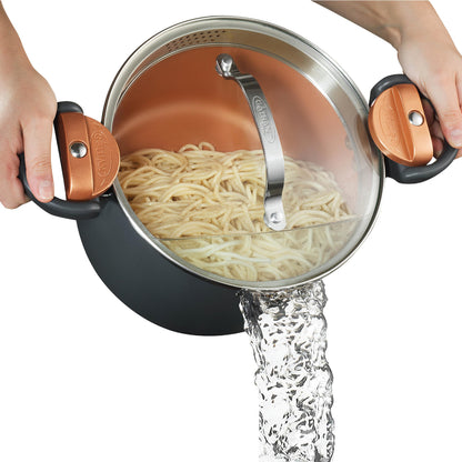 Gotham Steel 5 Quart Stock Pot with Strainer Lid, Nonstick Coated Ceramic Pot, Soup Pot, Pasta Pot with Strainer Insert, Cooking Pot with Lid and Twist Lock Handles, Dishwasher Safe, 100% Toxin Free GOTHAM STEEL