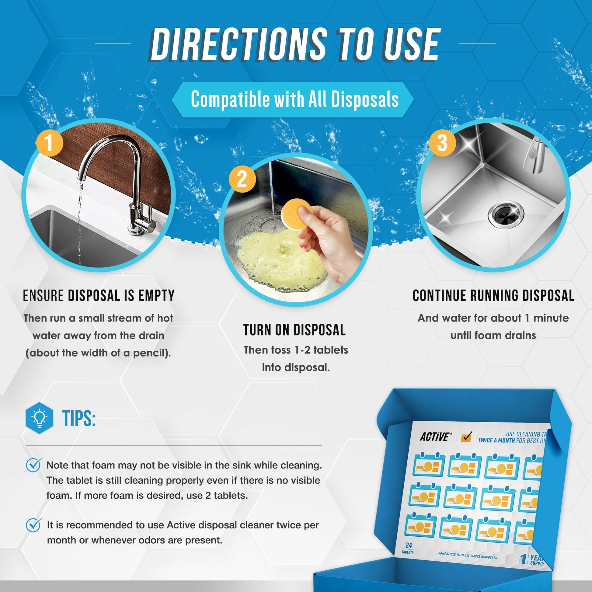 Garbage Disposal Cleaner Deodorizer Tablets - ACTIVE XL Foaming Tablet, 24 Pack Fresh Citrus Scented Tabs, New Powerful Foam Freshener for Cleaning Sink Disposal, Garburator, Disposer - 1 Year Supply - Available at All In One Marketplace Canada
