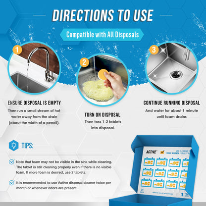 Garbage Disposal Cleaner Deodorizer Tablets - ACTIVE XL Foaming Tablet, 24 Pack Fresh Citrus Scented Tabs, New Powerful Foam Freshener for Cleaning Sink Disposal, Garburator, Disposer - 1 Year Supply - Available at All In One Marketplace Canada