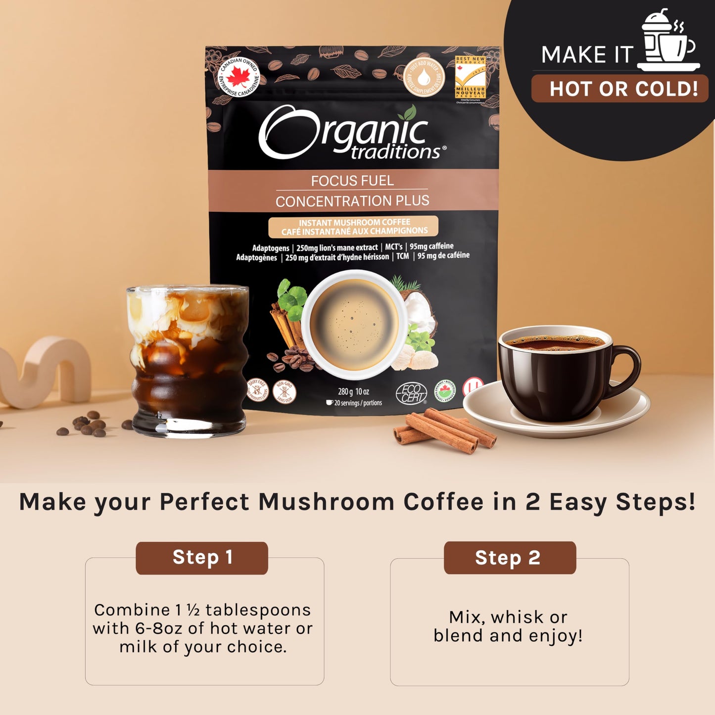 Organic Traditions Focus Fuel Mushroom Coffee – Lion's Mane, MCT Oil & Adaptogens, Dairy-Free Instant Blend, 280g