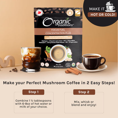 Organic Traditions Focus Fuel Mushroom Coffee – Lion's Mane, MCT Oil & Adaptogens, Dairy-Free Instant Blend, 280g