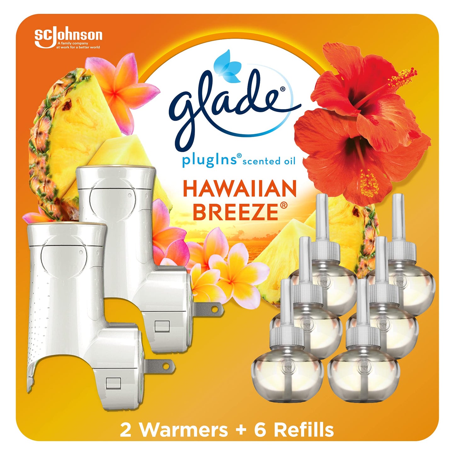 Glade PlugIns Air Freshener Oil Kit, Scented and Essential Oils for Home and Bathroom, Hawaiian Breeze, 2 Warmers + 6 Refills Glade
