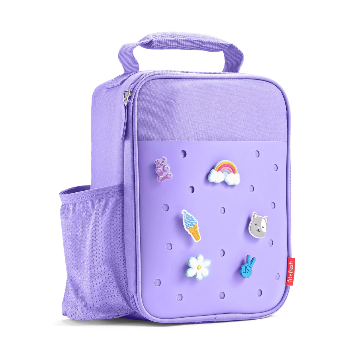 Fit & Fresh Charm Lunch Bag for Kids, Thermal Insulated Lunch Box for Kids Boys & Girls with Shoe Charm Slots for Personalization, School Lunch Box, Purple