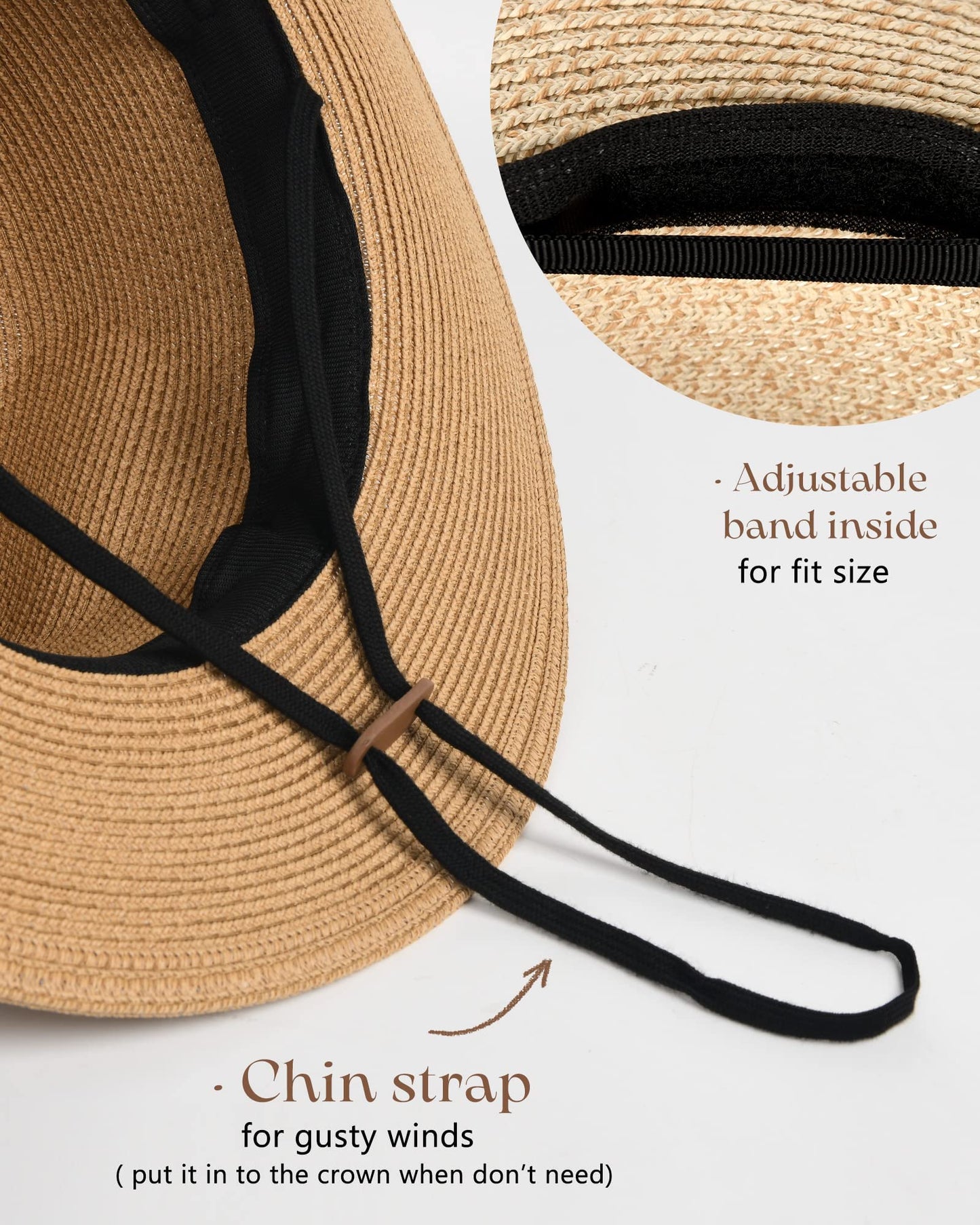 FURTALK Womens Mens Wide Brim Straw Panama Hat Fedora Summer Beach Sun Hat UPF Straw Hat for Women Khaki-Black