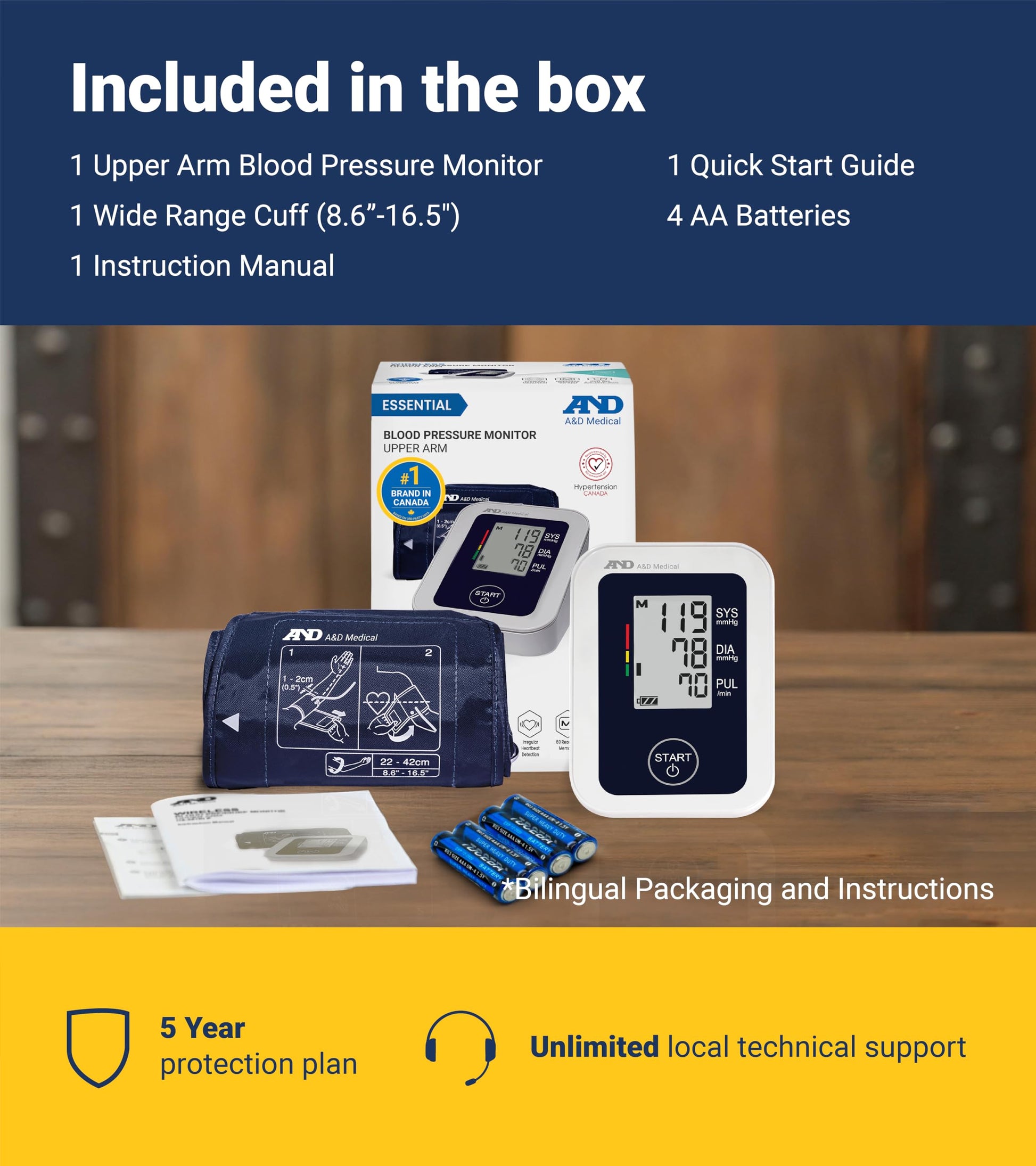 A&D Medical Blood Pressure Monitor for Home Use - UA-651CN - Upper Arm Precise BP Machine - Wide Range Cuff (8.6–16.5” / 22-42 cm) Easy To Use, One Click Operation, Adults, AA Batteries, 1-User - Available at All In One Marketplace Canada