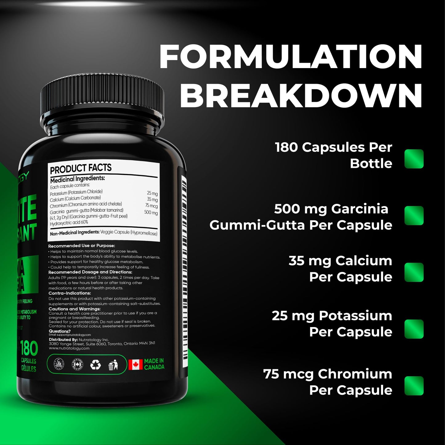Nutratology® Garcinia Cambogia Appetite Suppressant Weight Loss For Women & Men | Canadian-Made | 500 MG Per Capsule | 60% HCA - Increase Feelings of Fullness & Maintain Blood Sugar Levels - 180 Count - Available at All In One Marketplace Canada