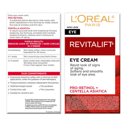 L’Oréal Paris Eye Cream with Pro-Retinol, Centella Asiatica, Resists Signs of Aging, Softens and Smooths Eye Area, Dark Circle under Eye Treatment, Revitalift, 15 mL L'Oreal Paris