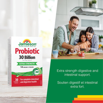 Jamieson Probiotic 30 Billion CFU, Extra Strength, 30 Vegetarian Capsules. Supports Digestive Health & Intestinal Health. 14 Unique Strains, Including Lactobacillus and Bifidobacterium, Non-GMO