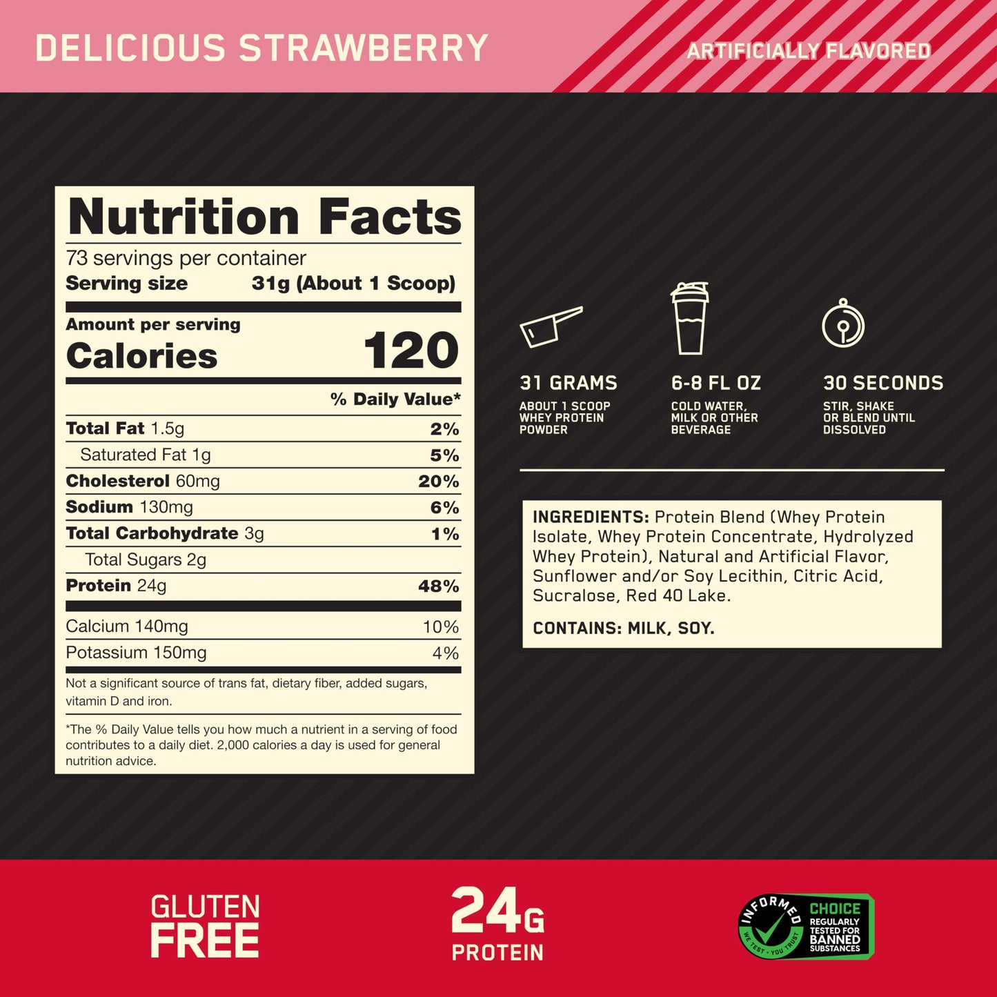 Optimum Nutrition Gold Standard 100% Whey Protein Powder, 2.270g - Strawberry - 73 servings (packaging may vary)