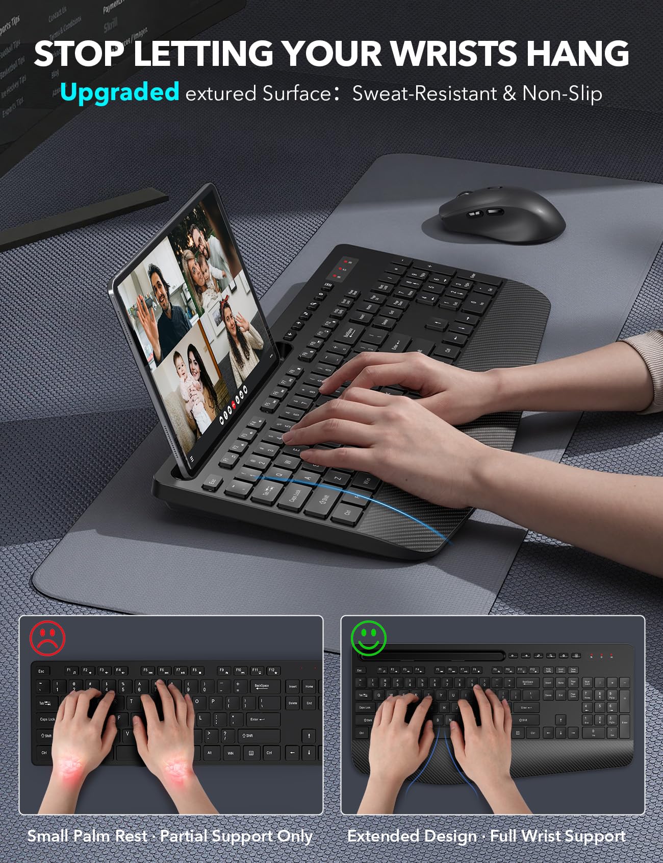 Wireless Keyboard and Mouse Combo - Full-Sized Ergonomic Keyboard with Wrist Rest, Phone Holder, Silent 2.4GHz Cordless Keyboard Mouse for Computer, Laptop, PC, Mac, Windows (Black, 1 Pack)