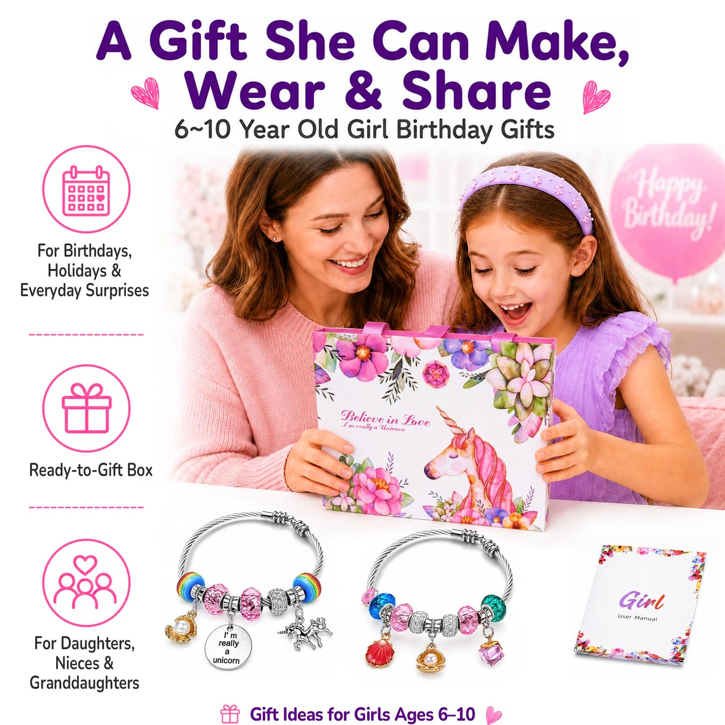 Girls Charm Bracelet Making Kit: Unicorn Toys for Girls Gifts 8-12 Years Old, Birthday Gifts 6 7 8 9 10 Year Old Girl Gift Ideas, Inspires Creativity Art and Crafts for Kids Age 6-8 Jewelry Making Set