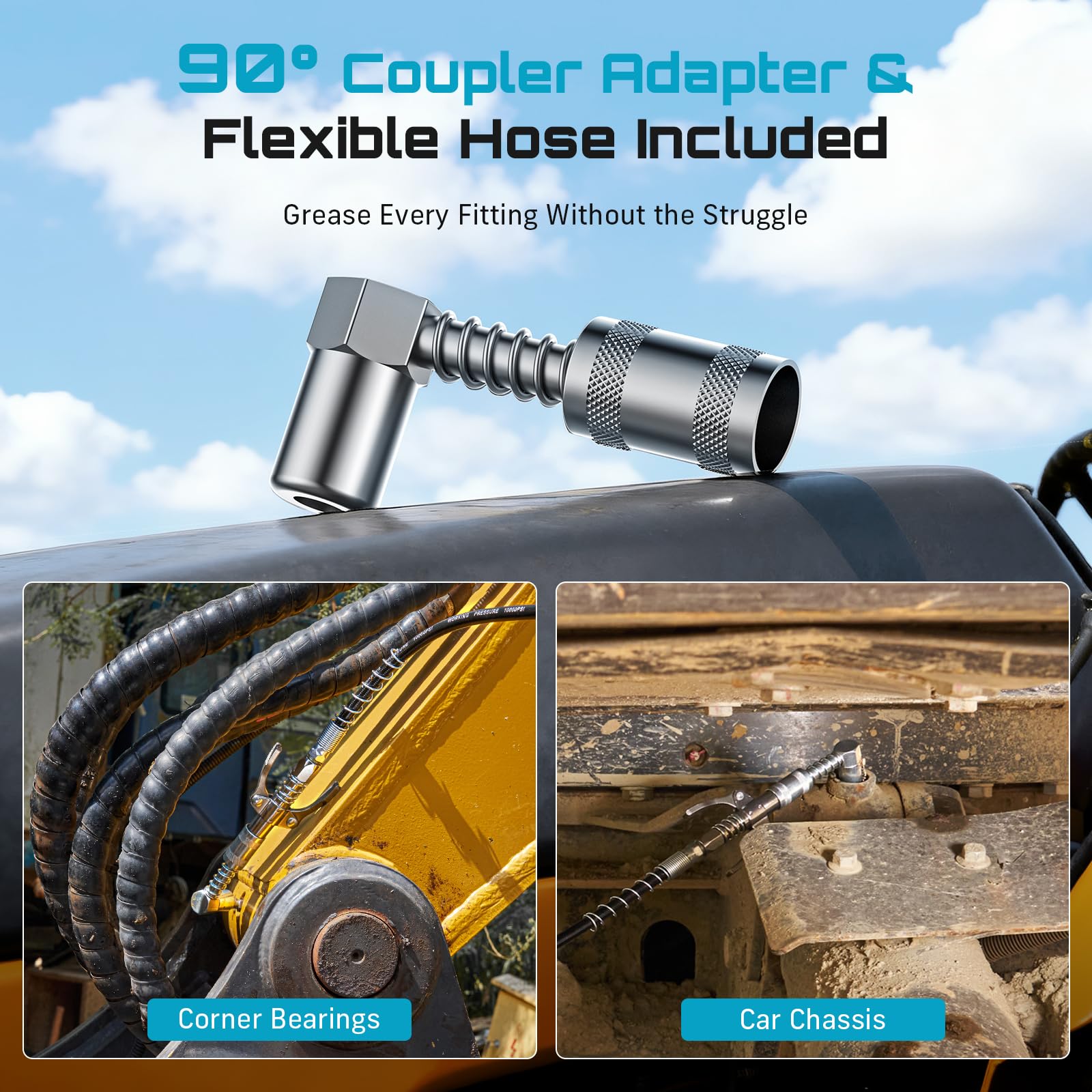 Seesii 8000PSI Grease Gun Kit: Heavy Duty Pistol Grip Grease Gun with 14oz Capacity, Quick-Release Coupler, 90° Adapter, Flexible Hose, Rigid Pipe for Automotive, Agricultural, Industrial, Farm, Car