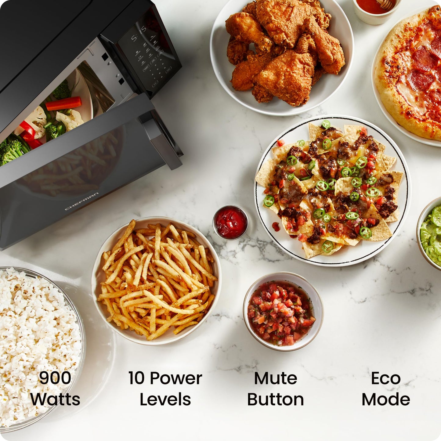 Chefman Countertop Microwave Oven 0.9 Cu. Ft., 900 Watts with 10 Power Levels, 6 Cooking Presets with One-Touch Express Cook, Eco Mode, Child Safety Lock, & Mute Button - Black - Available at All In One Marketplace Canada