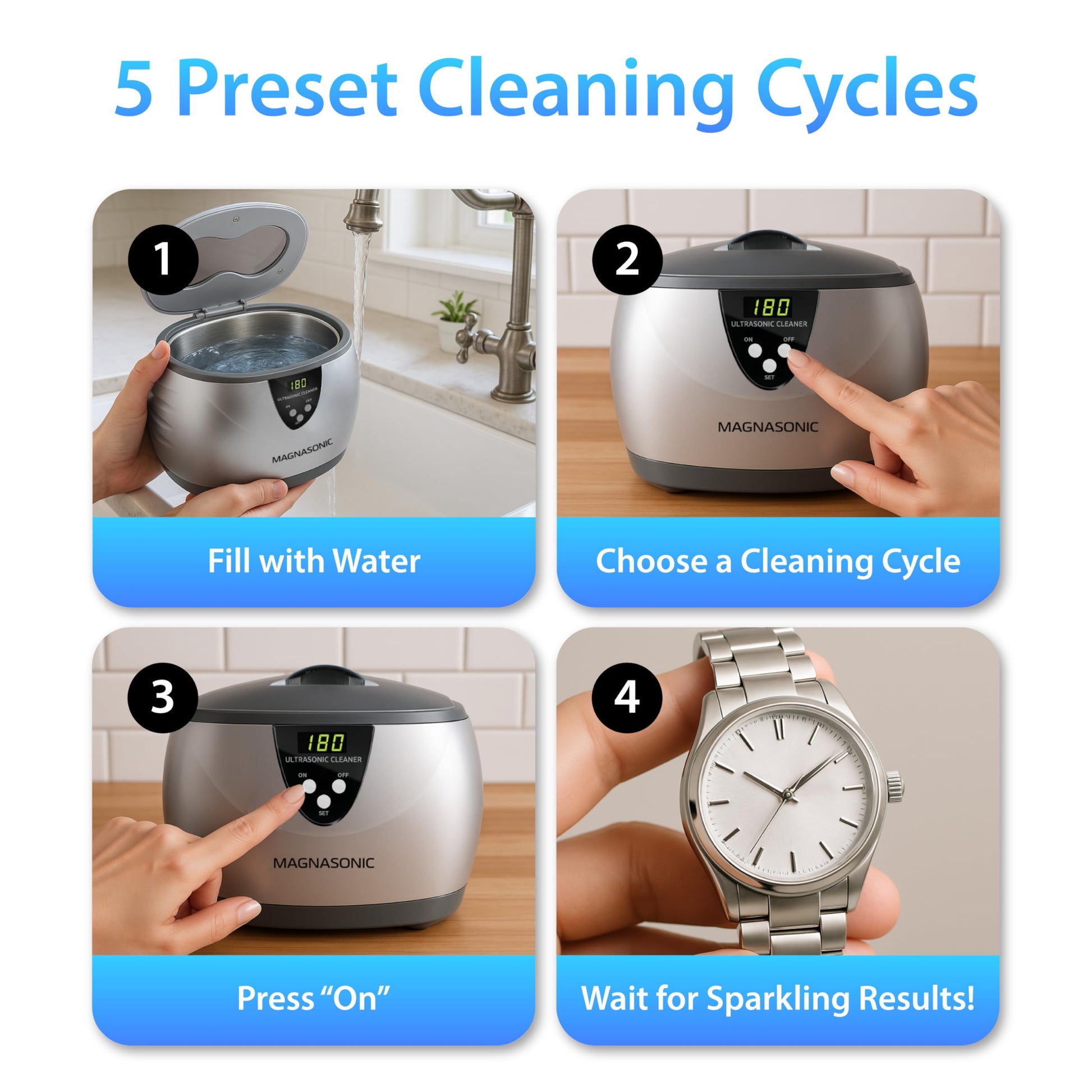 Magnasonic Ultrasonic Cleaner - 20oz Stainless Steel Tank, Digital Timer, 5 Cleaning Modes, Ultrasonic Jewelry Cleaner for All Jewelry, Eyeglasses, Watches, Dentures, Retainers & More 🍁 All In One Marketplace Canada Magnasonic