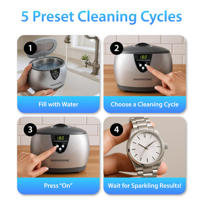 Magnasonic Ultrasonic Cleaner - 20oz Stainless Steel Tank, Digital Timer, 5 Cleaning Modes, Ultrasonic Jewelry Cleaner for All Jewelry, Eyeglasses, Watches, Dentures, Retainers & More 🍁 All In One Marketplace Canada Magnasonic