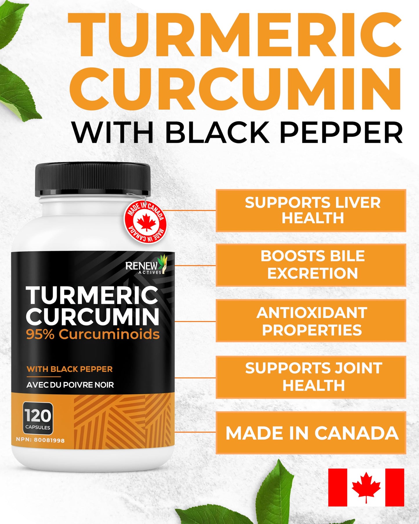 RENEW ACTIVES Turmeric Curcumin – Ultra Potent 95% Curcuminoids with BioPerine Black Pepper for Maximum Absorption – Supports Joint Health, Mobility, Digestion & Liver – Made in Canada – 120 Capsules