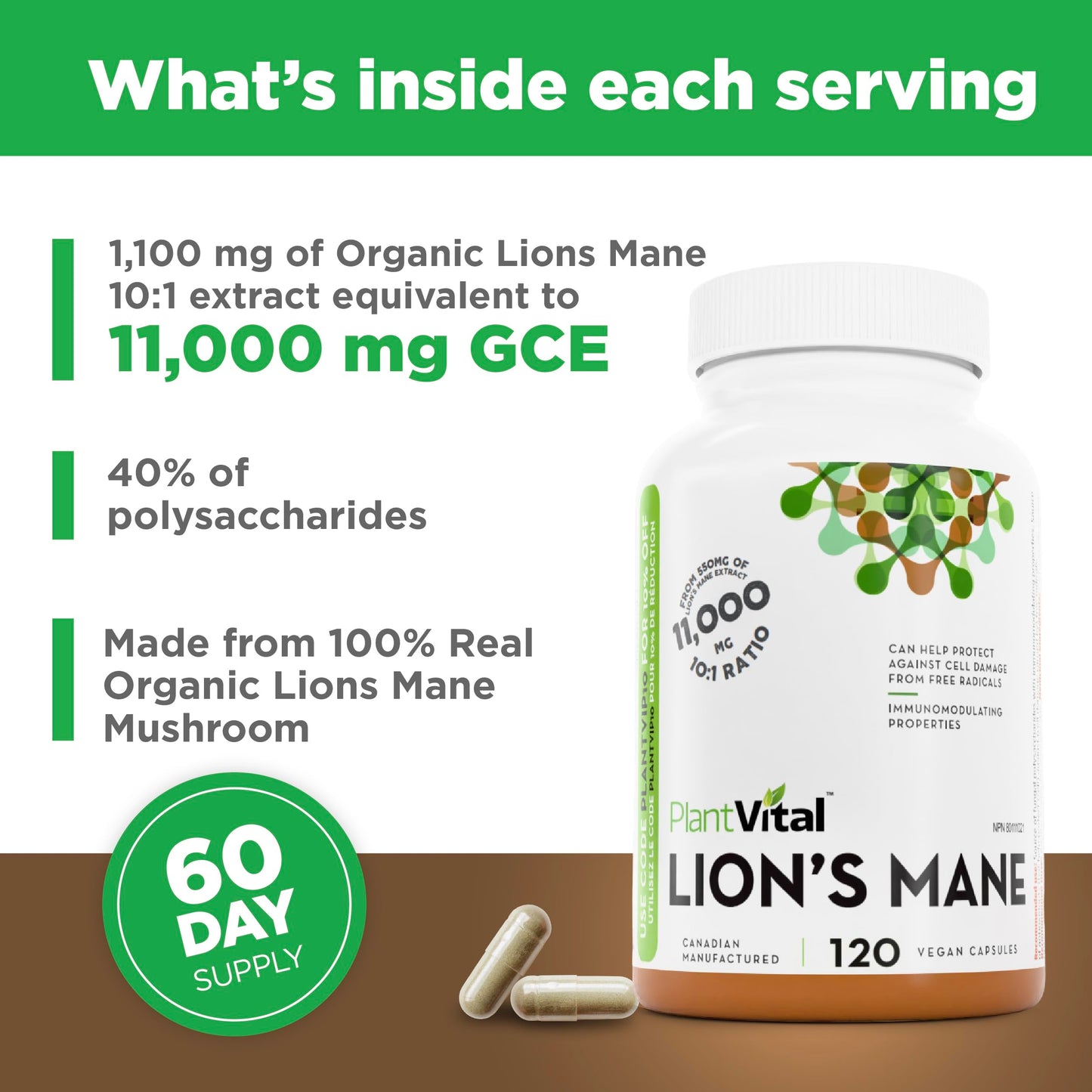 PlantVital Lions Mane - Made in Canada - Max Potency 11,000mg (10:1 Extract) - Organic Lion’s Mane Mushroom Supplements with 40% Polysaccharides - Supports Immune Health and Antioxidants -120 Capsules - Available at All In One Marketplace Canada