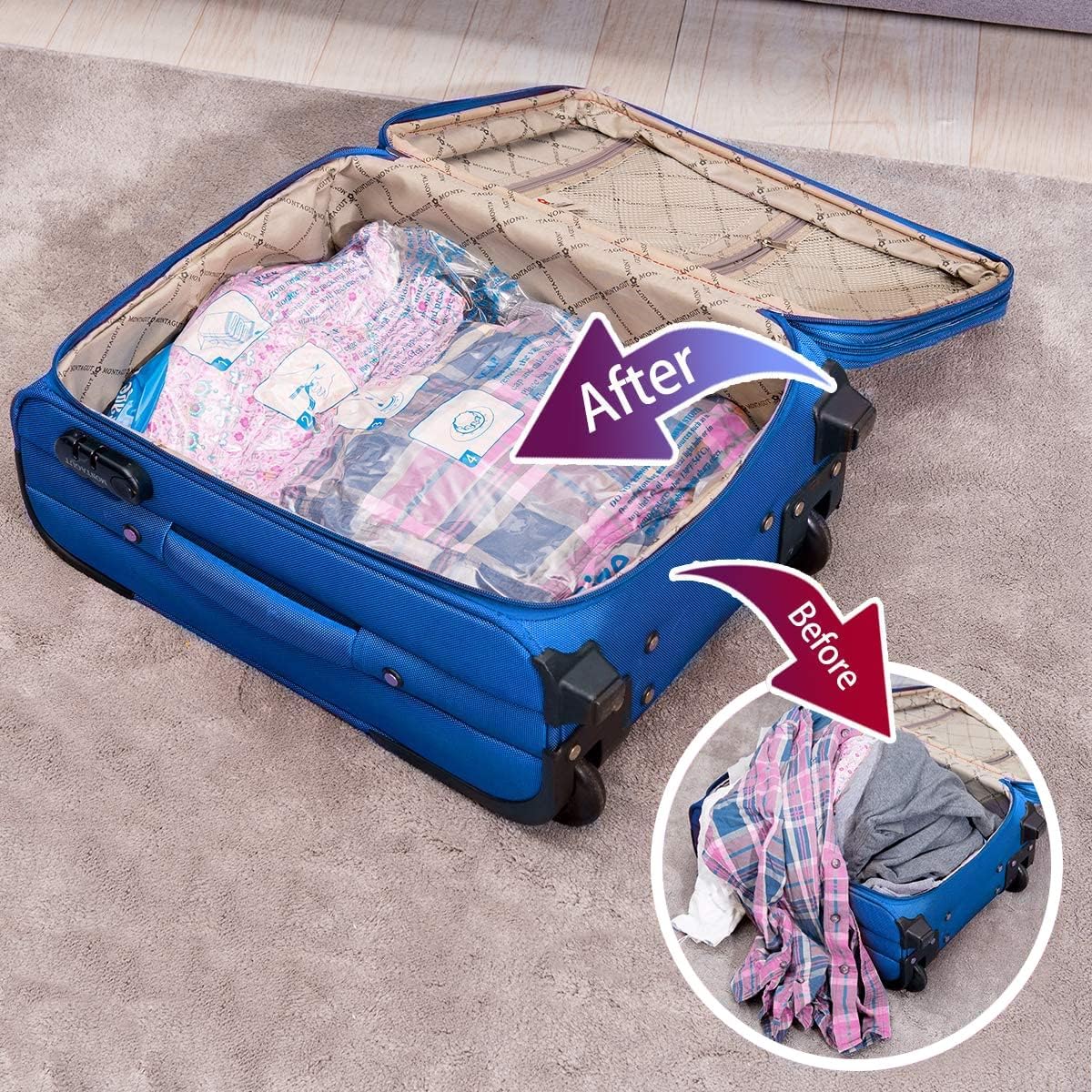 Vacuum Storage Bags 6 Large, Space Saver Sealer Bags, Airtight Compression Bags for Clothes, Pillows, Comforters, Blankets, Bedding