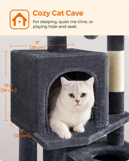 Feandrea Cat Tree Tower, 155 cm Multi-Level Cat Condo with 5 Scratching Posts, 2 Perches, 2 Caves, Hammock, 2 Pompoms, Smoky Gray UPCT192G01