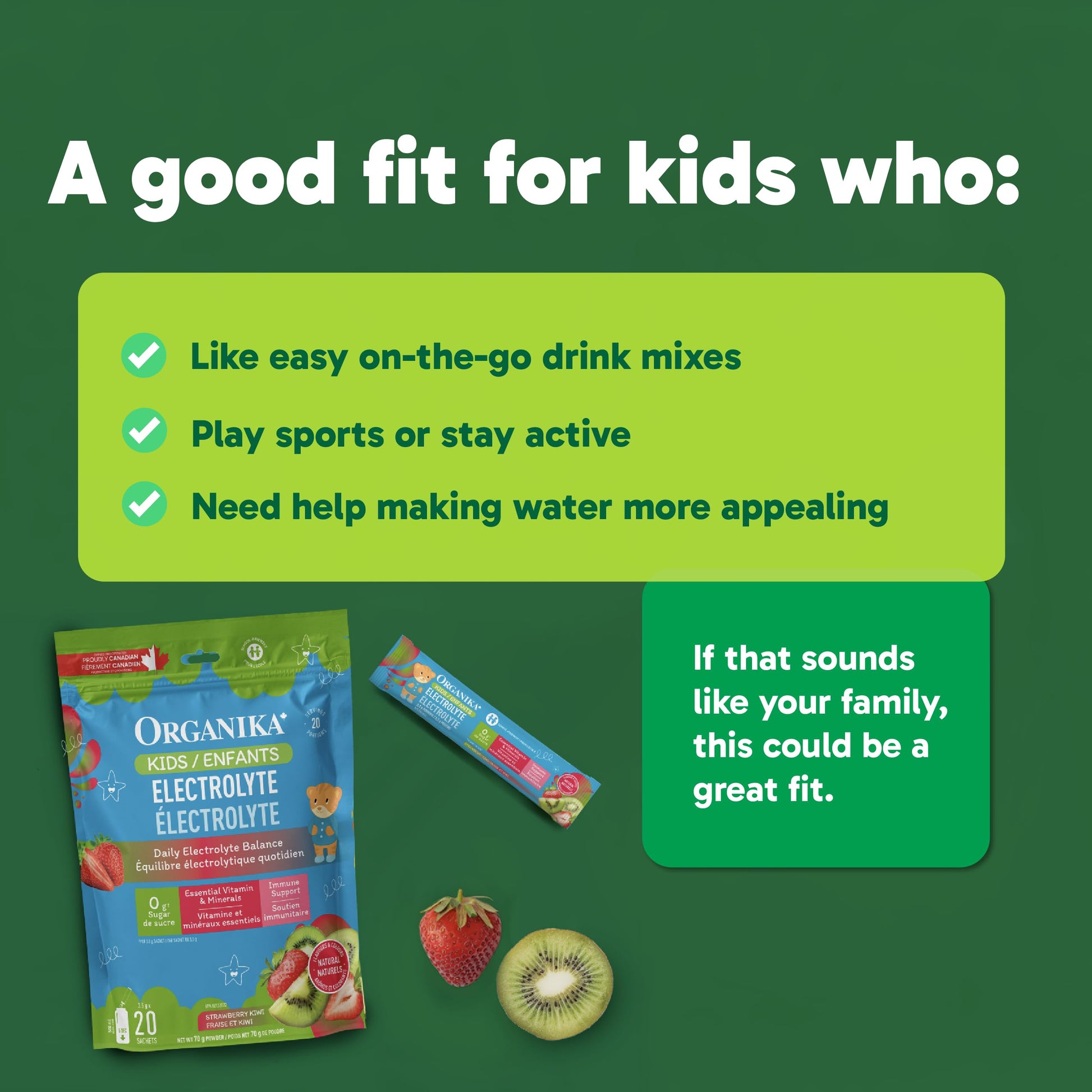 Organika Kids Electrolytes Powder Sticks - Sugar-Free Hydration + Immune support with 100% of daily Vitamin C, Minerals and Prebiotic Fibre | Strawberry Kiwi Flavour - 3.5g x 20 sachets - Available at All In One Marketplace Canada