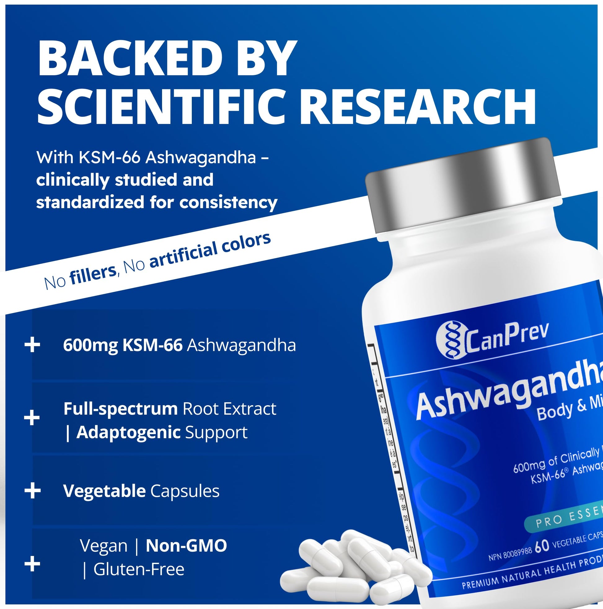 CanPrev Ashwagandha 600mg Vegan 60 Capsules 60-Day Supply - Vegan & Non-GMO - Organic KSM-66 Formula for Enhanced Relaxation & Energy, Sleep Support, Memory Boost - Supplement for Weight Management - Available at All In One Marketplace Canada