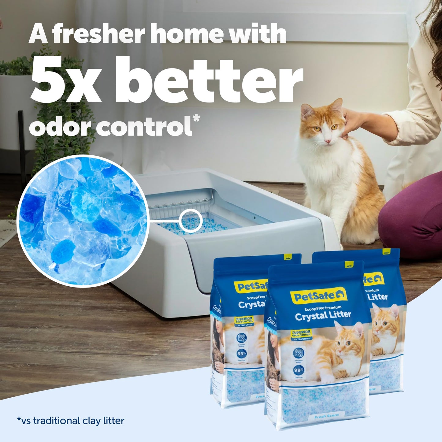 PetSafe ScoopFree Premium Fresh Crystal Cat Litter, 3-Pack – Lightly Scented Litter – Superior Odor Control – Low Tracking for Less Mess – Lasts Up to 6 Months, 24 lbs Total (3 Pack of 8 lb Bags)