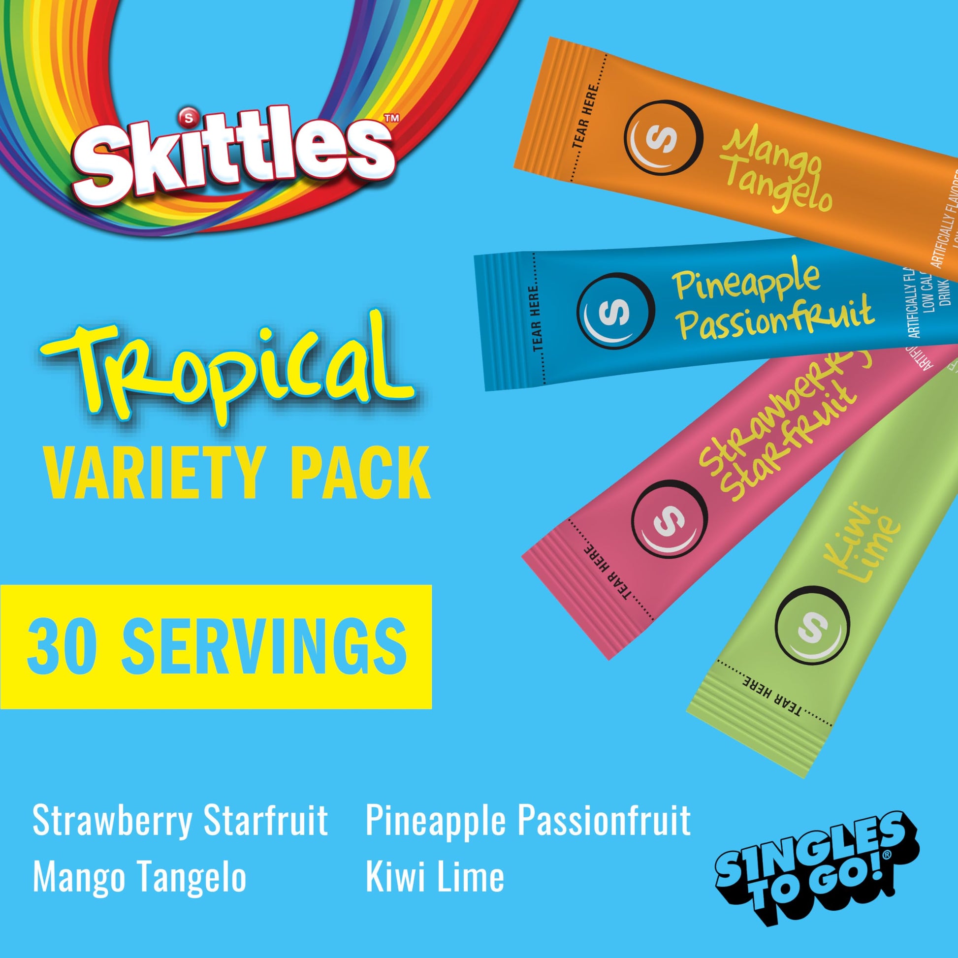 Skittles Singles To Go Tropical Flavors Variety Pack, Powdered Drink Mix, Includes 4 Flavors, Strawberry Starfruit, Mango Tangelo, Kiwi Lime, Pineapple Passionfruit, 1 Box (30 Single Servings)