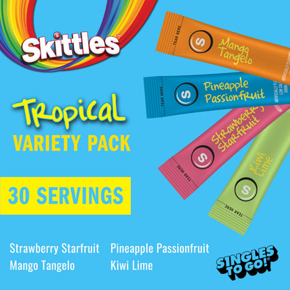Skittles Singles To Go Tropical Flavors Variety Pack, Powdered Drink Mix, Includes 4 Flavors, Strawberry Starfruit, Mango Tangelo, Kiwi Lime, Pineapple Passionfruit, 1 Box (30 Single Servings)