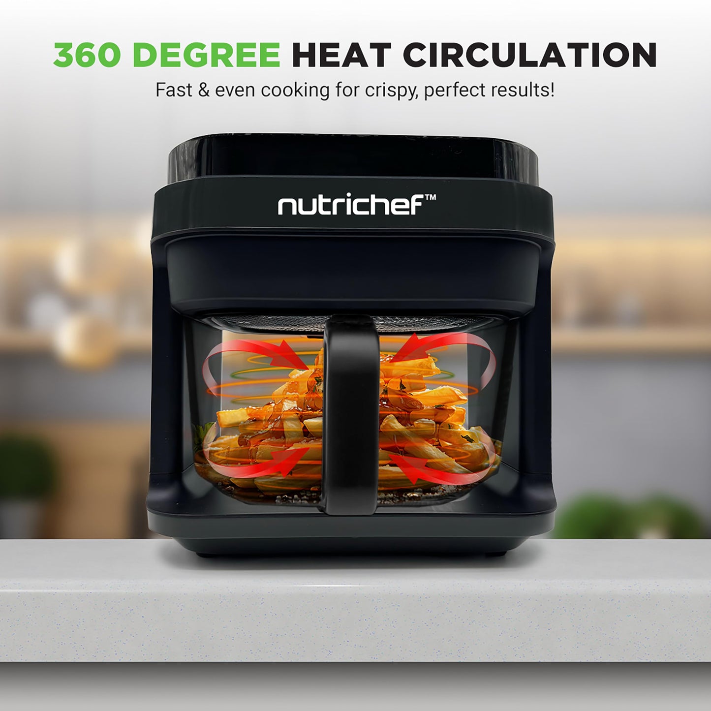Nutrichef 5.8 Quart Air Fryer | 8-1 Preset Cook Modes | Transparent Fry Bowl for Best Cooking Results | Cook Shrimp, Steak, Fries, Wings, Chicken & More | Precise Temperature Control & Time | Black NutriChef