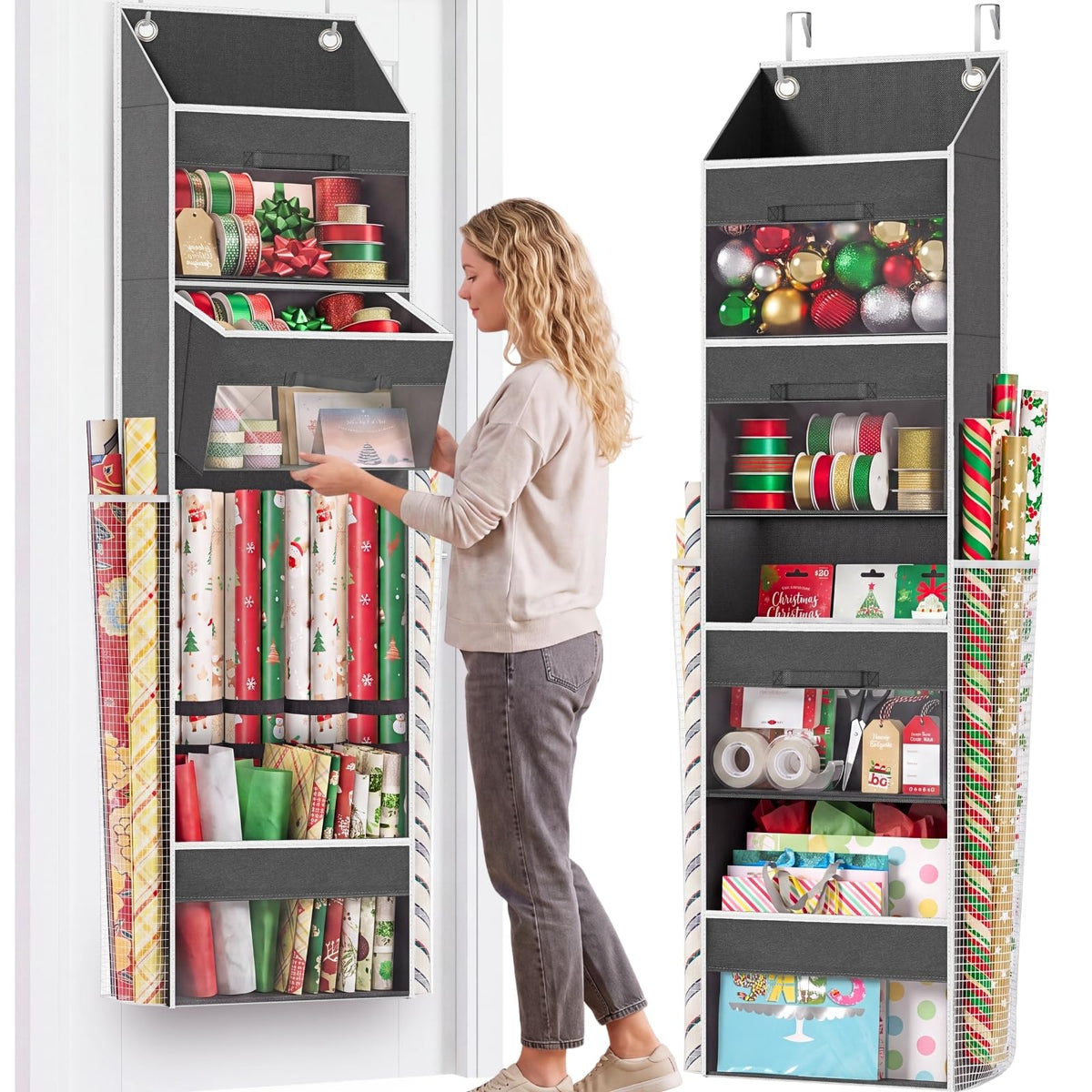 Over Door Wrapping Paper Organizer Storage with 3 Removable Drawers & Side Pockets – Dual Use Design with Elastic Straps – Christmas Gift Wrap Storage for Ribbons, Bows, Ornament and Other Tools 1Pack 🍁 All In One Marketplace Canada