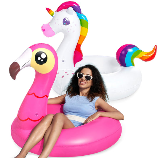 JOYIN 2-Pack Flamingo Unicorn Pool Float - Fun Beach Floaties, Inflatable Swimming Pool Tubes Party Toys, Lake Beach Floaty Swim Rings Summer Pool Raft Lounger for Adults & Kids - Available at All In One Marketplace Canada