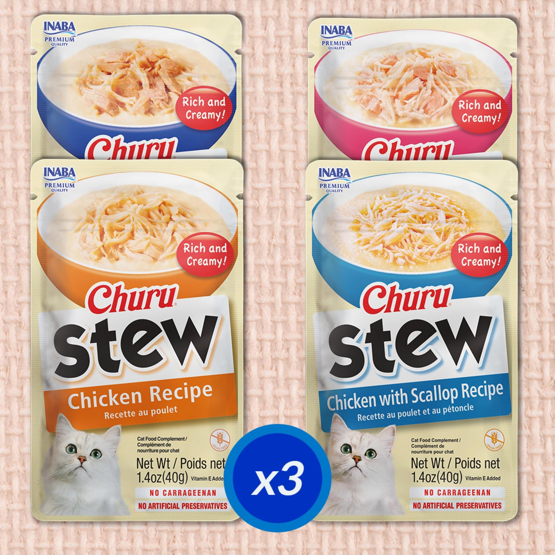 INABA Churu Stew for Cats, Side Dish Pouch with Vitamin E, 39 Grams per Pouch, 12 Pouches, Chicken & Seafood Variety INABA