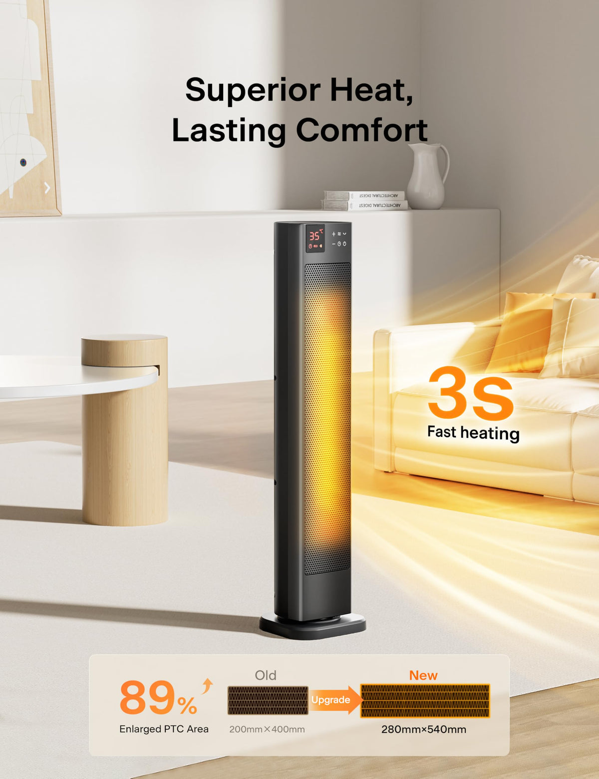 PELONIS 30” Ceramic Tower Space Heater for Bedroom, Electric Room Heater with Adjustable Thermostat, 75° Oscillation, Remote Control & 12H Timer, Tip-Over Switch & Overheating Protection, 1500W, Black