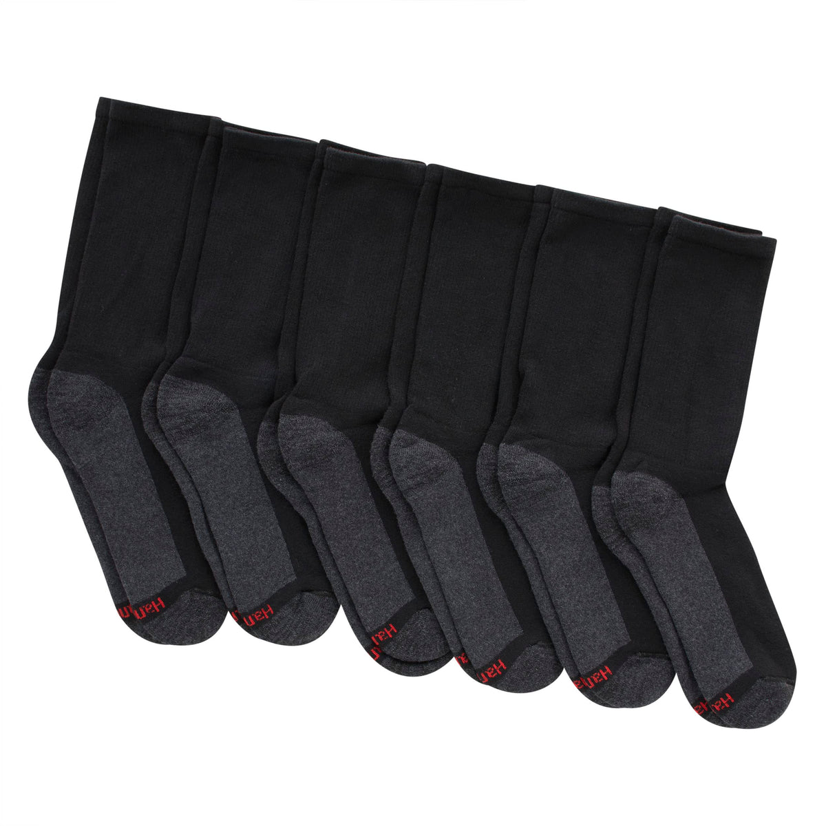 Hanes Men's Max Cushion Crew Socks, Available in 6 and 12-Pair Pack, Black/Grey Foot Bottom, 12-14