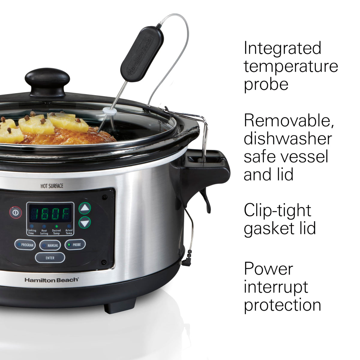 Hamilton Beach Set & Forget Programmable Slow Cooker, 6 Quart (5.7 L), Stainless Steel, Temperature Probe, Lid Lock for Travel, Dishwasher Safe Crock & Lid, Model 33969AG
