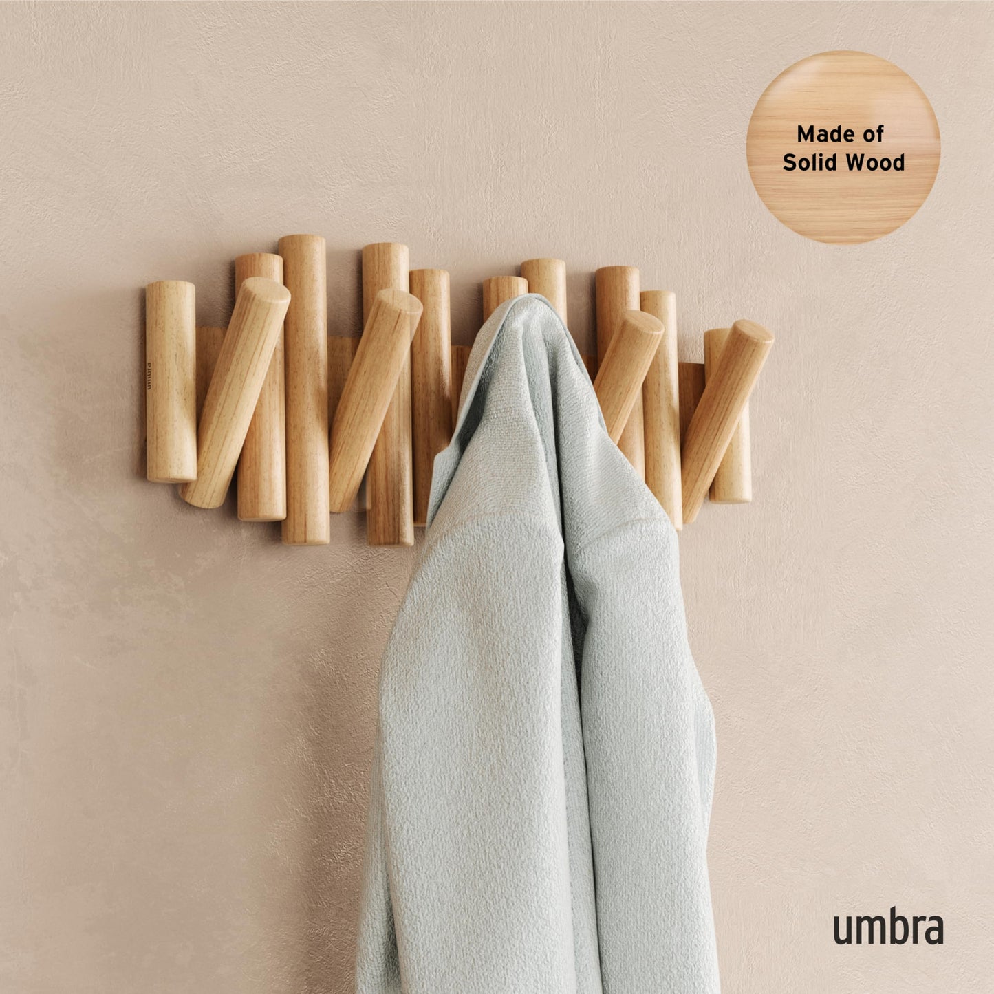 Umbra Picket Coat Rack Wall Mount – 5 Flip-Down Wood Coat Hooks, Modern & Functional Storage, Easy Install Wall Hooks, Natural Umbra