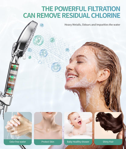 Filtered Shower Head with Handheld, High Pressure 9 Spray Mode Chrome Showerhead with Filters,Detachable Shower Head,Water Softener Filters Beads for Hard Water -Remove Chlorine