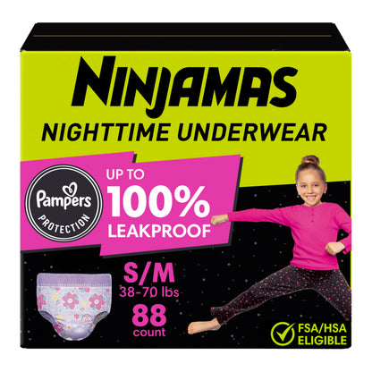 Pampers Ninjamas Nighttime Bedwetting Underwear Girl, Size 7, 88 Count, Disposable Nighttime Underwear