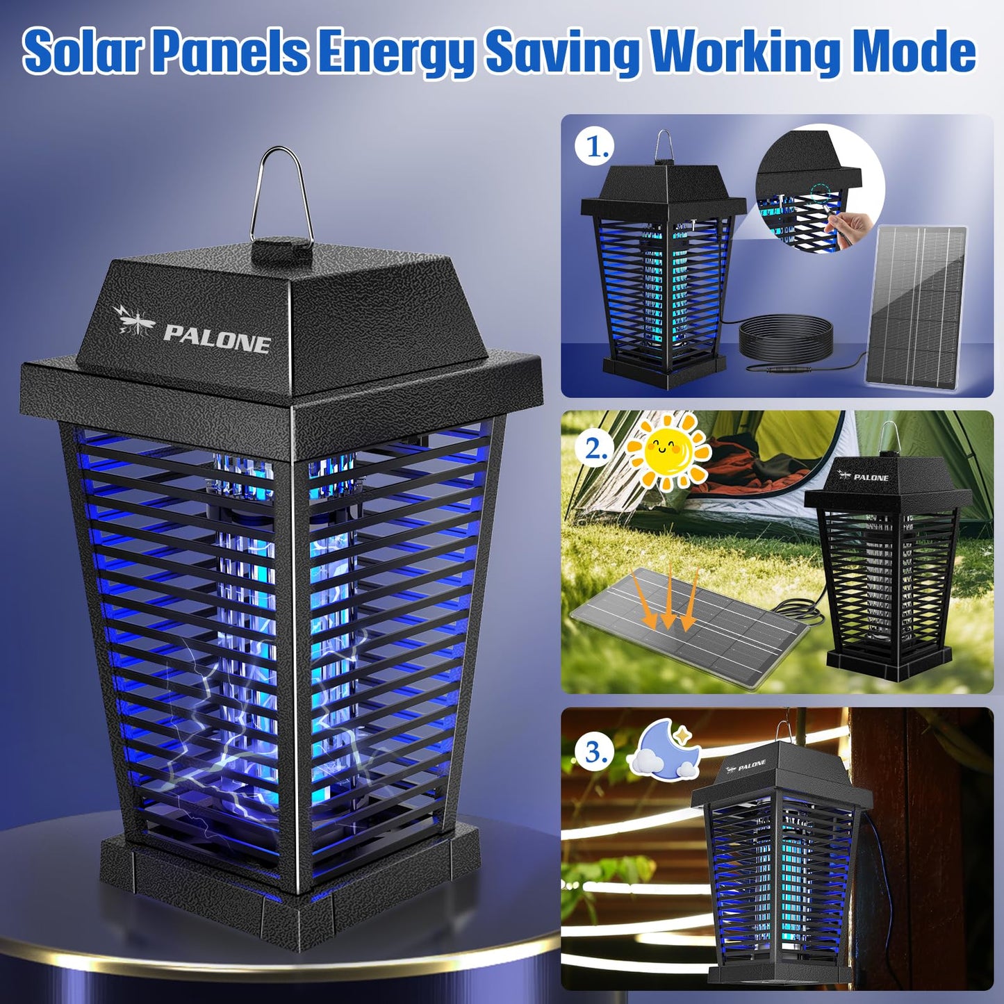 PALONE Bug Zapper with 4500V, USB-C and Solar Panel Dual Charging, Waterproof Bug Zapper with 7.5W Solar Charging Panel, Suitable for Camping Outdoor