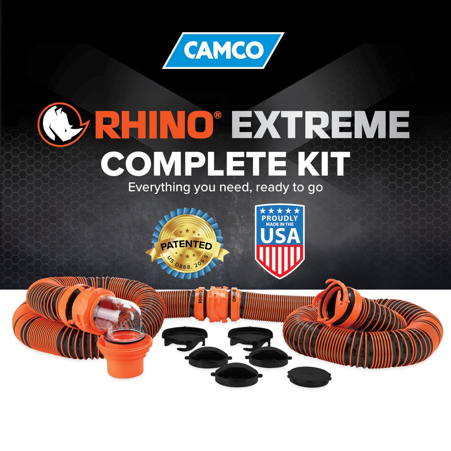 Camco 21012 RhinoEXTREME 20ft RV Sewer Hose Kit | Includes Swivel Fitting and Translucent Elbow with 4-in-1 Dump Station Fitting | Storage Caps Included Camco