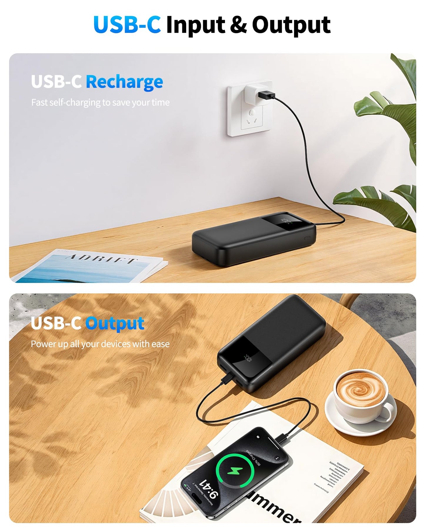 Power Bank Portable Charger 40000mAh, 22.5W Fast Charging, Built-in 2 Output Cable, Charge 5 Devices Simultaneously LCD Display for iPhone and Android Phones and Most Electronic Devices - Available at All In One Marketplace Canada