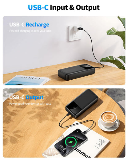Power Bank Portable Charger 40000mAh, 22.5W Fast Charging, Built-in 2 Output Cable, Charge 5 Devices Simultaneously LCD Display for iPhone and Android Phones and Most Electronic Devices - Available at All In One Marketplace Canada
