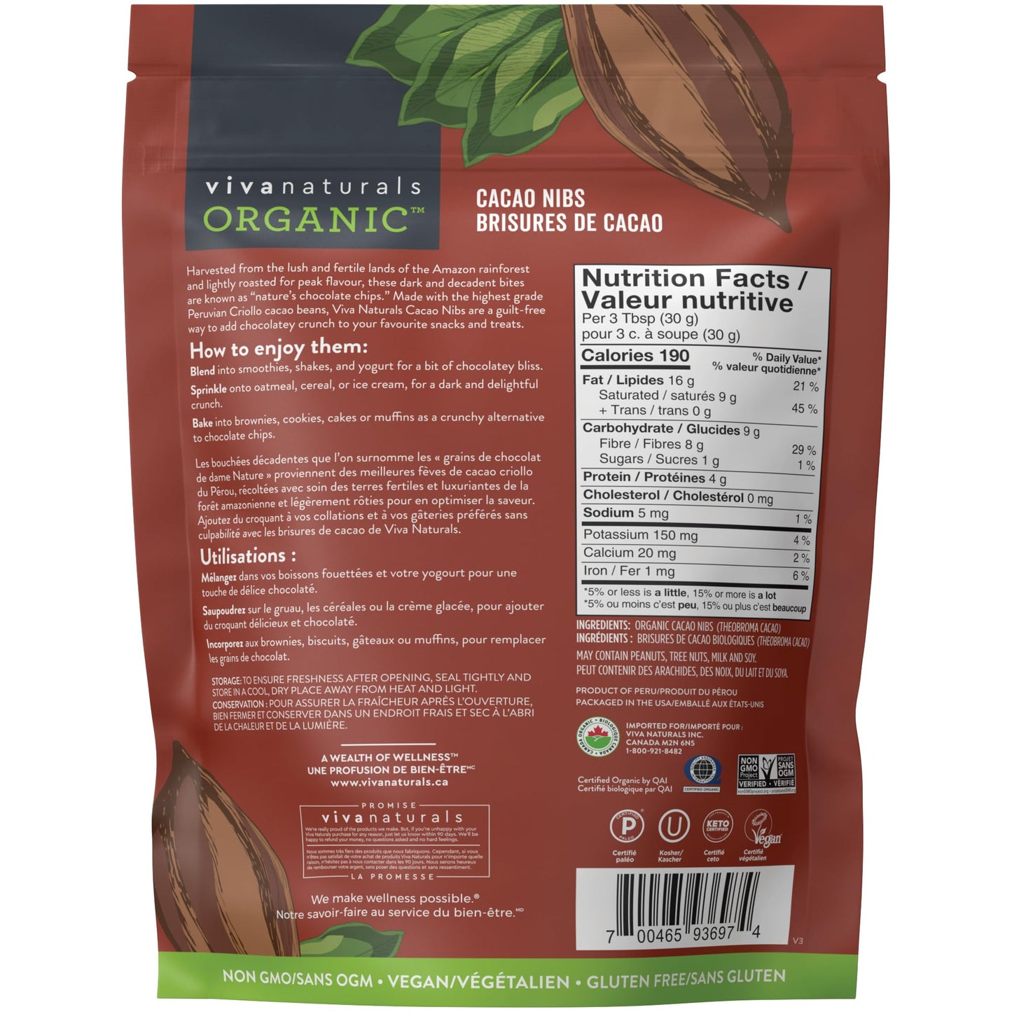 Viva Naturals Organic Cacao Nibs, 1 lb (454 g) - Certified Organic, Keto & Vegan, Gluten-Free Baking